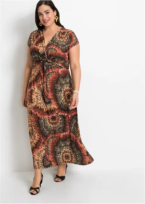 Jersey-Maxikleid mit Knotendetail in braun von vorne (Totalaufnahme) - bonprix