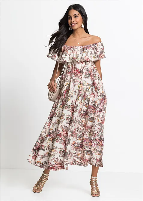Carmen-Kleid aus fließender Viskose in beige im Look von vorne (Totalaufnahme) - bonprix