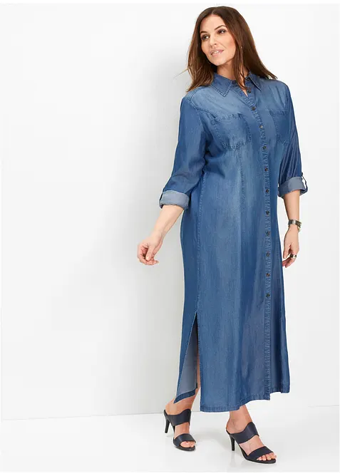 Hemdblusenkleid aus Lyocell in blau von vorne (Totalaufnahme) - bonprix