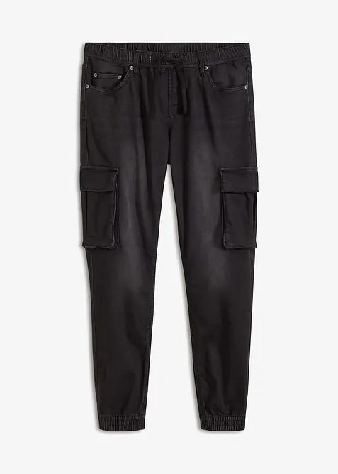 Slim-Fit Cargo-Jeans-Jogger mit Dehnbund, Straight in schwarz von vorne - bonprix