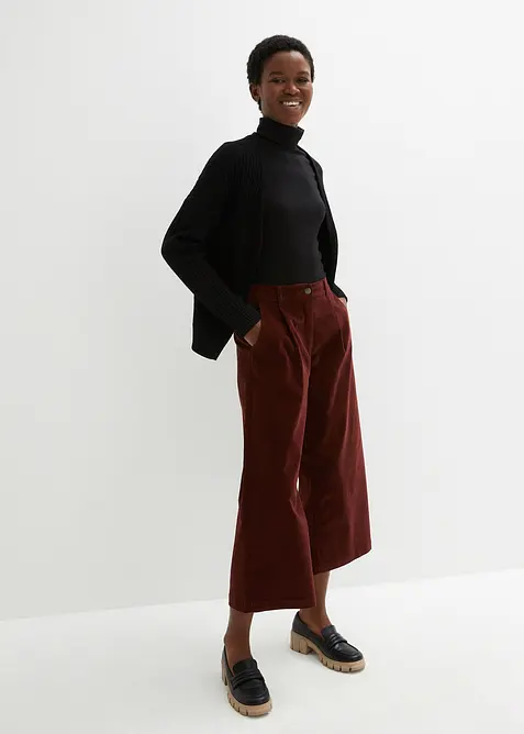 Weite Cord-Culotte aus Baumwoll-Mix in braun im Look von vorne (Totalaufnahme) - bonprix