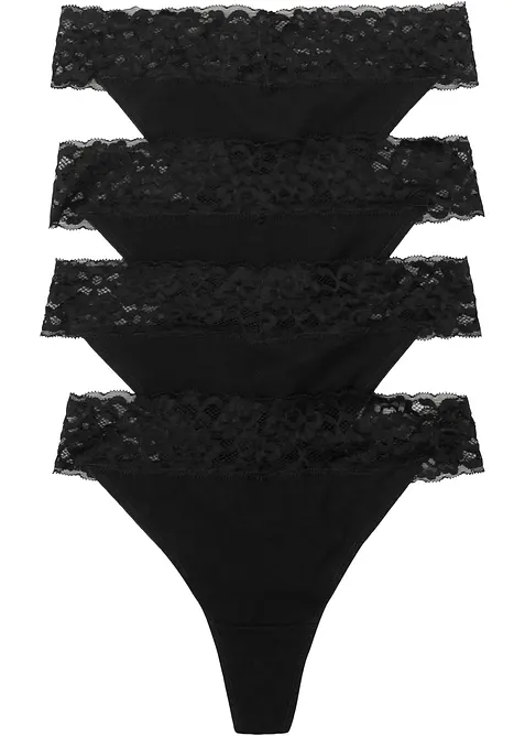 String mit Baumwolle und Spitze (4er Pack) in schwarz von vorne - bonprix