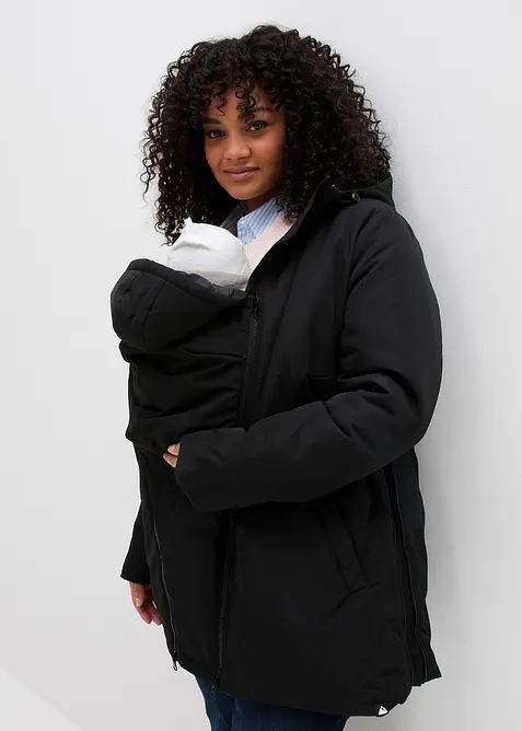 Leicht wattierte 3-in-1 Umstandsfunktionsjacke mit Trageeinsatz in schwarz von vorne (im Anschnitt) - bonprix