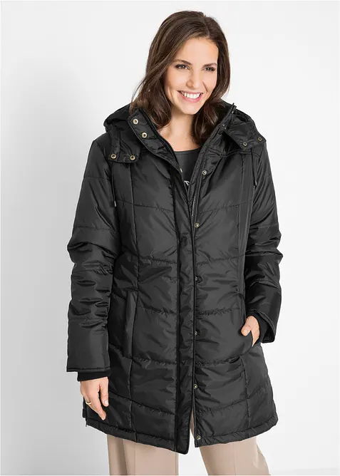Long-Steppjacke, wattiert mit Kragen und Kapuze in schwarz von vorne (im Anschnitt) - bonprix