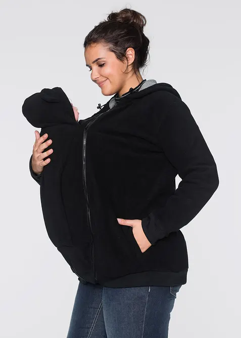 2-in-1 Umstands- und Tragejacke aus Fleece in schwarz von vorne (im Anschnitt) - bonprix