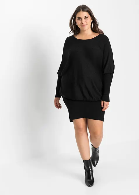 Strickkleid aus fließendem Viskose-Mix in schwarz von vorne (Totalaufnahme) - bonprix