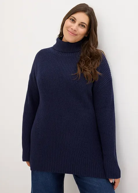 Rollkragenpullover aus reiner Bio-Baumwolle in blau von vorne (im Anschnitt) - bonprix