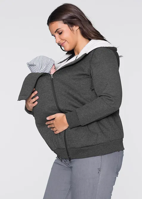 Umstands-Sweatjacke mit Baby-Einsatz und flauschiger Innenseite in grau von vorne (im Anschnitt) - bonprix