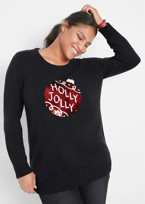 Weihnachtspullover mit Wendepailletten in schwarz von vorne (im Anschnitt) - bonprix