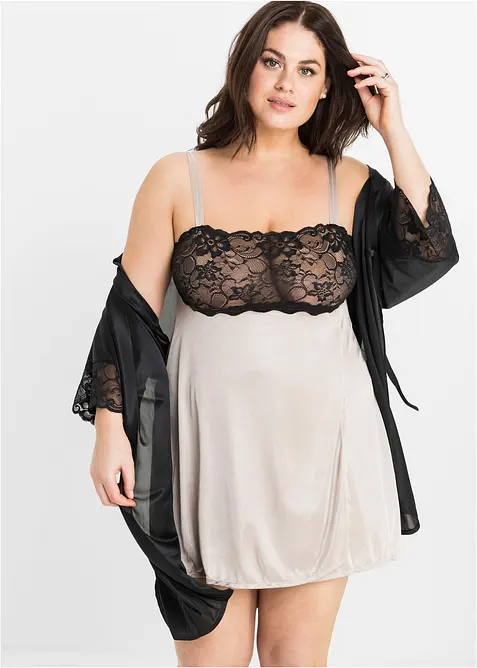 Satin Kimono mit Spitze in schwarz von vorne (Totalaufnahme) - bonprix