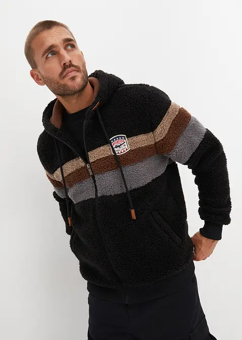 Teddy-Fleecejacke mit Kapuze in schwarz von vorne (im Anschnitt) - bonprix
