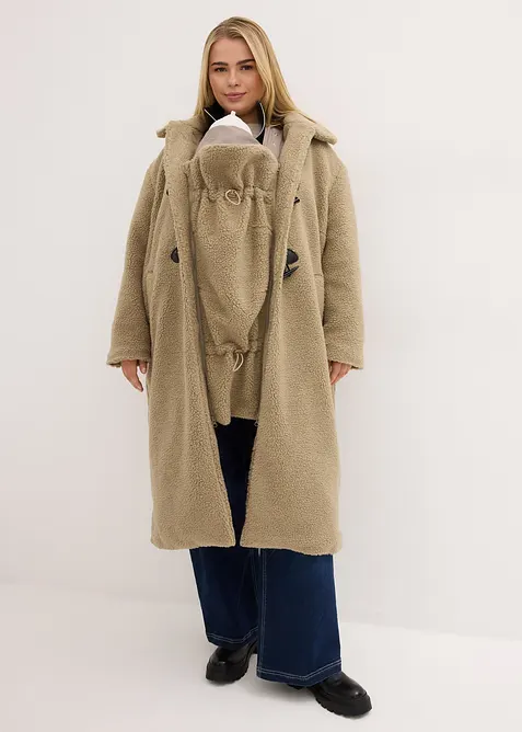3-in-1 Umstandsmantel mit Trageeinsatz aus Teddyfleece in grün von vorne (im Anschnitt) - bonprix