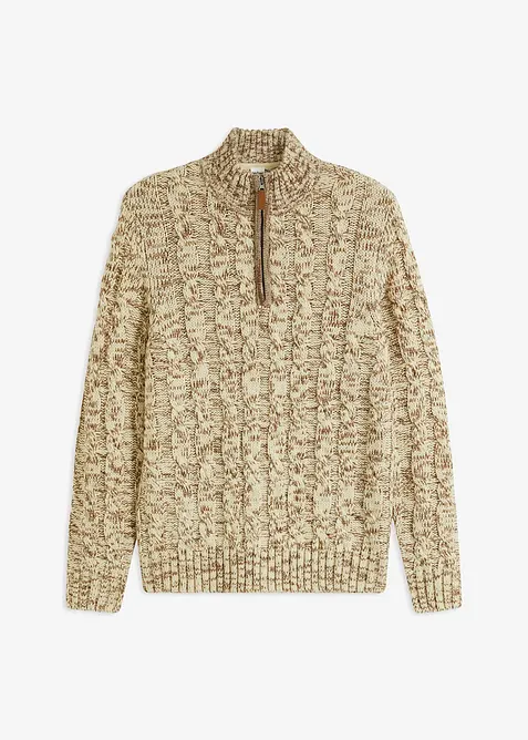 Melierter Troyer mit Zopfmuster in beige von vorne - bonprix