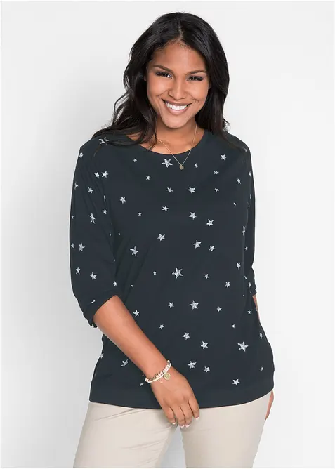Bedrucktes Langarmshirt aus Baumwolle in schwarz von vorne (im Anschnitt) - bonprix