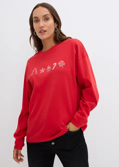 Besticktes Weihnachts-Langarmshirt, oversized in rot von vorne (im Anschnitt) - bonprix