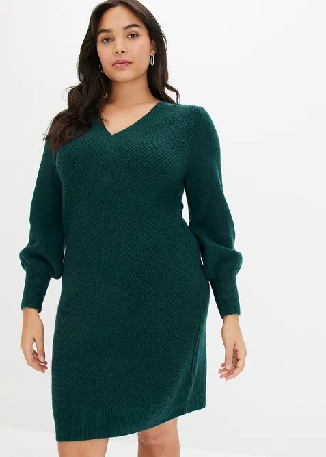 Strickkleid mit Ballonärmeln in grün von vorne (Totalaufnahme) - bonprix