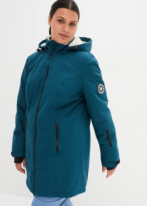 wasserdichte Funktions-Outdoor-Longjacke mit Teddyfleece in petrol von vorne (im Anschnitt) - bonprix