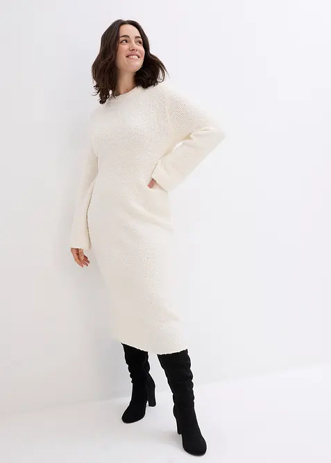 Strickkleid aus Bouclé in weiß von vorne (Totalaufnahme) - bonprix
