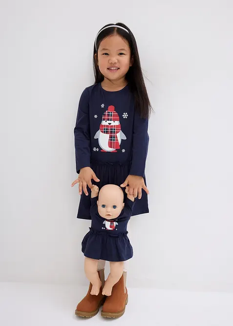 Jerseykleid + Puppenkleid aus reiner Bio-Baumwolle (2-tlg. Set) in blau von vorne (Totalaufnahme) - bonprix