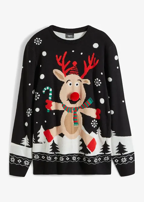 Feinstrickpullover mit Weihnachtsmotiv in schwarz von vorne - bonprix
