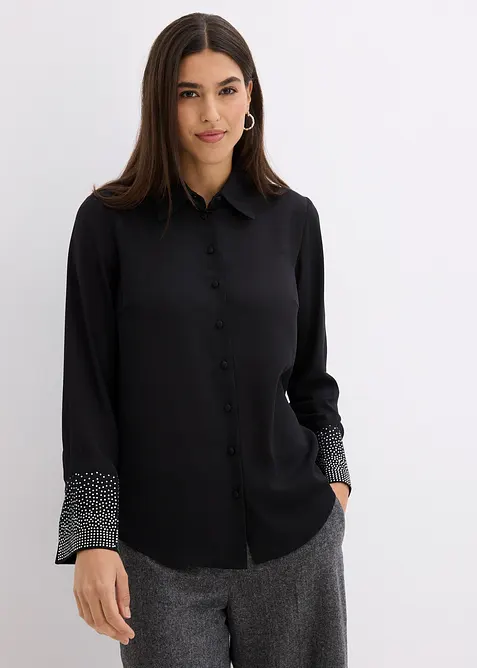 Hemdbluse mit Glitzersteinchen in schwarz von vorne (im Anschnitt) - bonprix