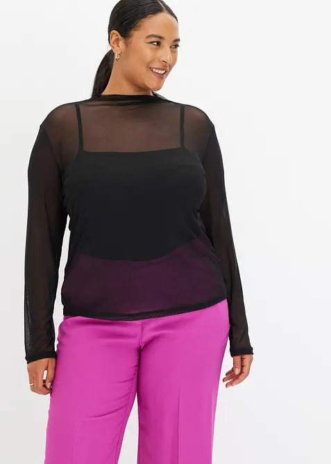 Langarmshirt aus transparentem Mesh in schwarz von vorne (im Anschnitt) - bonprix