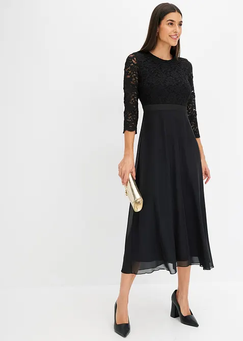 Midikleid aus leichtem Chiffon mit Spitzen-Oberteil in schwarz im Look von vorne (Totalaufnahme) - bonprix