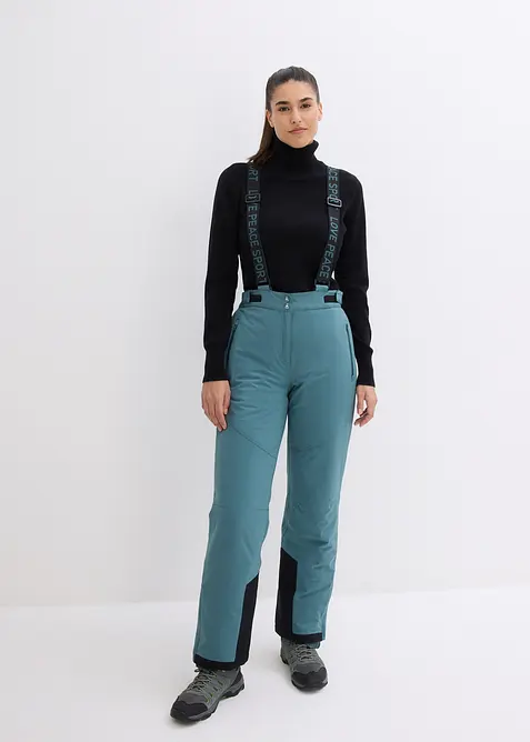 wasserdichte Ski-Funktions-Thermohose mit abnehmbaren Trägern in grün von vorne - bonprix
