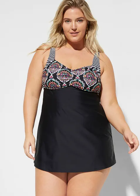 Long-Tankini (2-tlg. Set) mit Highwaist-Bikinihose in schwarz von vorne (Totalaufnahme) - bonprix
