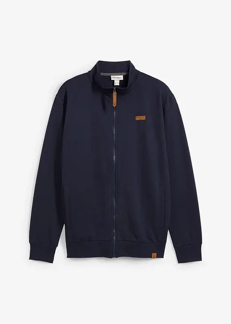 Stehkragen-Sweatjacke mit Lederimitat-Details in blau von vorne - bonprix