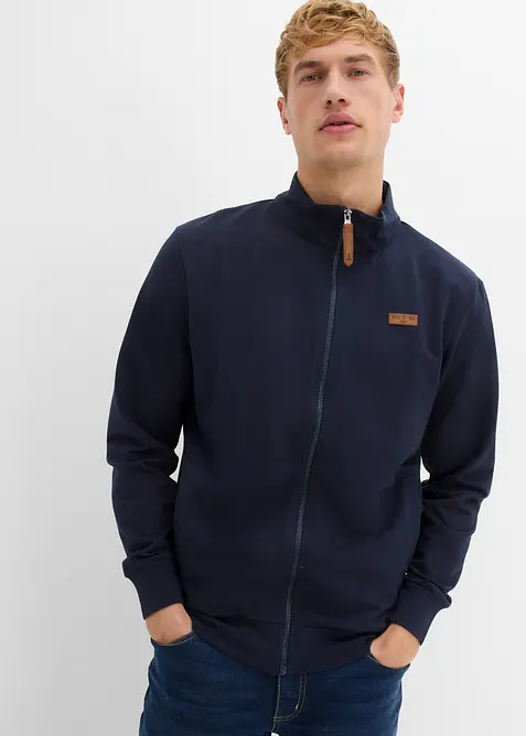 Stehkragen-Sweatjacke mit Lederimitat-Details in blau von vorne (im Anschnitt) - bonprix