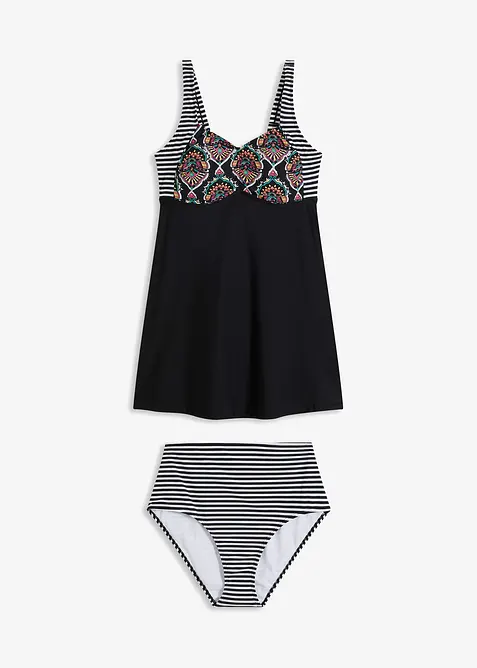 Long-Tankini (2-tlg. Set) mit Highwaist-Bikinihose in schwarz von vorne - bonprix