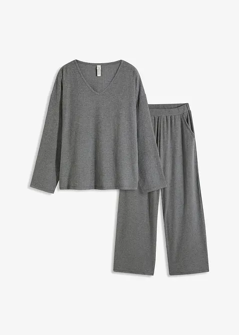 Oversized Loungewear Hausanzug aus weicher Rippe in grau von vorne - bonprix