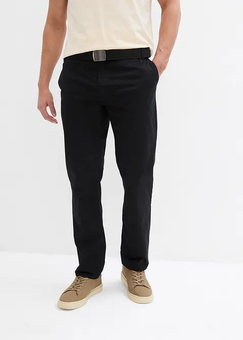 Regular Fit Chinohose mit Dehnbund und Gürtel, Straight in schwarz von vorne - bonprix