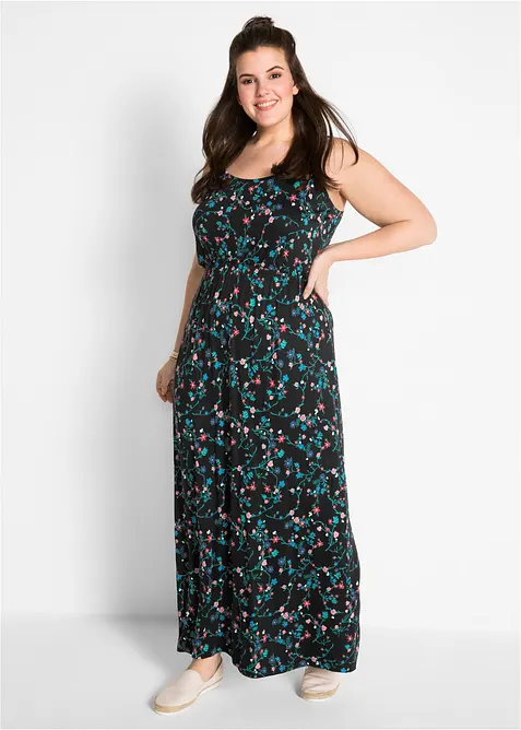 tailliertes Maxi-Kleid mit Druck in schwarz von vorne (Totalaufnahme) - bonprix