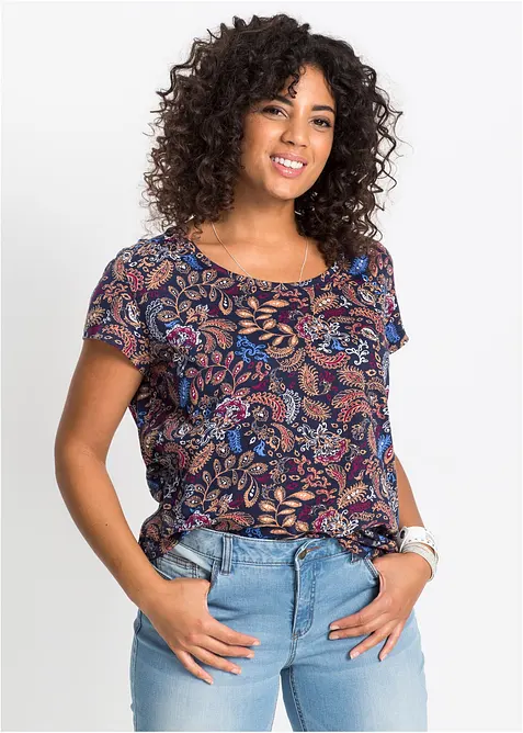 Baumwoll Shirt, bedruckt, Kurzarm in blau von vorne (im Anschnitt) - bonprix