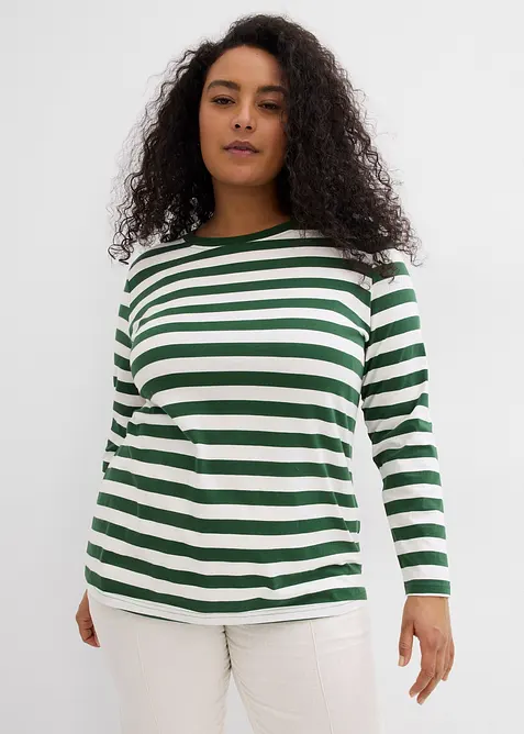 Streifenshirt aus reiner Bio-Baumwolle in grün von vorne (im Anschnitt) - bonprix