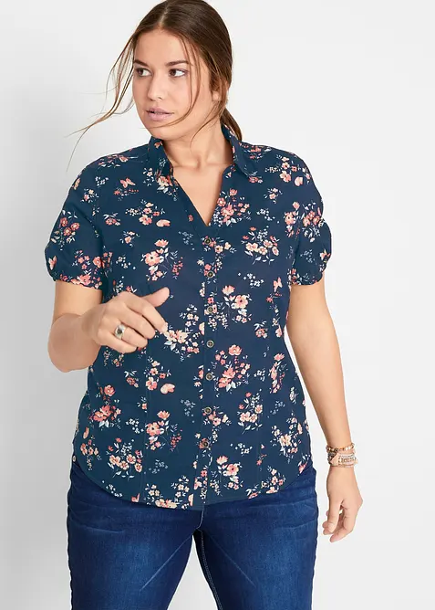 Kurzarm-Bluse aus reiner Baumwolle in blau von vorne (im Anschnitt) - bonprix