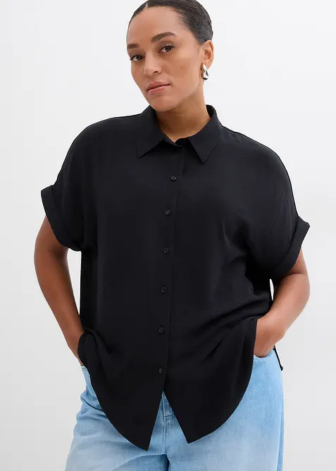 Oversized Bluse aus strukturiertem Crêpe in schwarz von vorne (im Anschnitt) - bonprix