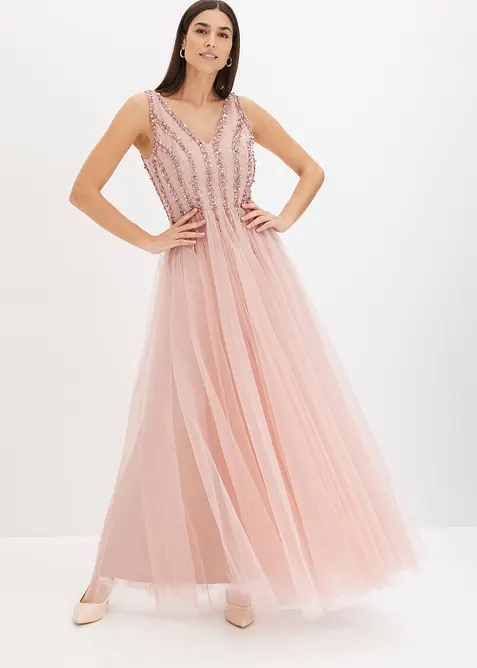 Maxikleid aus feinem Tüll mit Paillettenstickerei in rosa im Look von vorne (Totalaufnahme) - bonprix