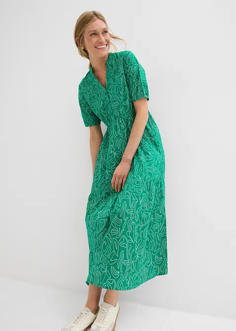 Weites Midikleid aus reiner Baumwolle in grün von vorne (Totalaufnahme) - bonprix