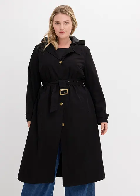 Trench-Mantel mit abnehmbarer Kapuze in schwarz von vorne (Totalaufnahme) - bonprix