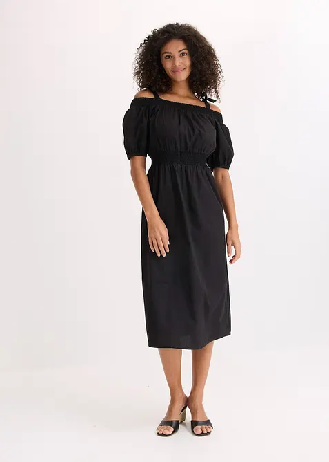 Off-Shoulder-Kleid aus reiner Bio-Baumwolle in schwarz von vorne (Totalaufnahme) - bonprix