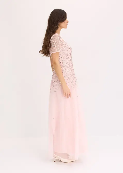 Maxikleid aus zartem Tüll mit Paillettenstickerei in rosa im Look von vorne (Totalaufnahme) - bonprix