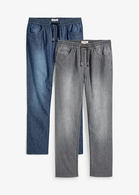 Leichte Classic Fit Schlupfjeans, Tapered (2er Pack) in blau von vorne - bonprix