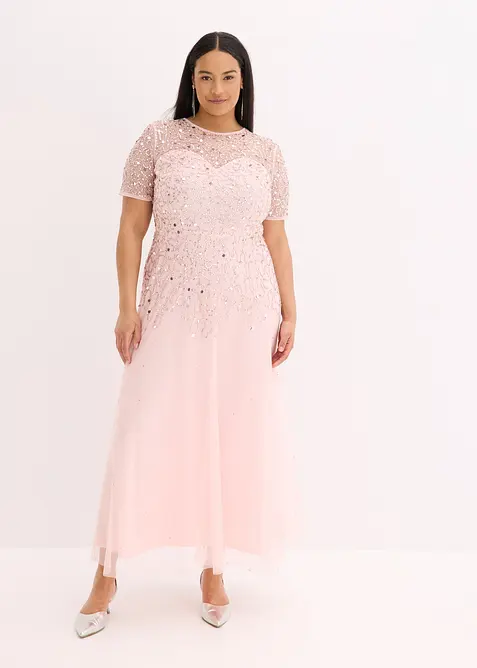 Maxikleid aus zartem Tüll mit Paillettenstickerei in rosa von vorne (Totalaufnahme) - bonprix