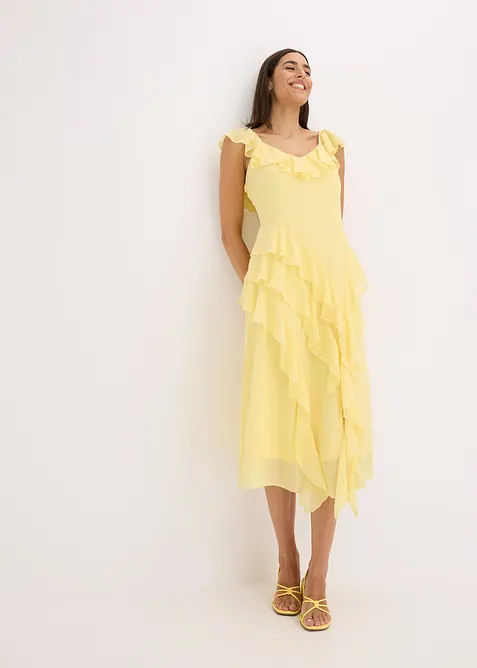 Chiffonkleid mit Trägern und Volants in gelb im Look von vorne (Totalaufnahme) - bonprix