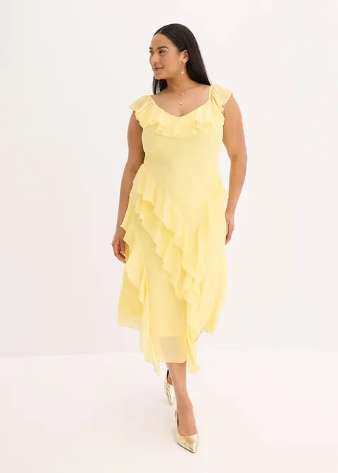 Chiffonkleid mit Trägern und Volants in gelb von vorne (Totalaufnahme) - bonprix