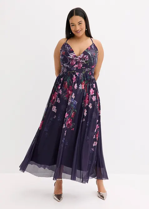 Maxikleid aus zartem Tüll mit Trägern in blau von vorne (Totalaufnahme) - bonprix