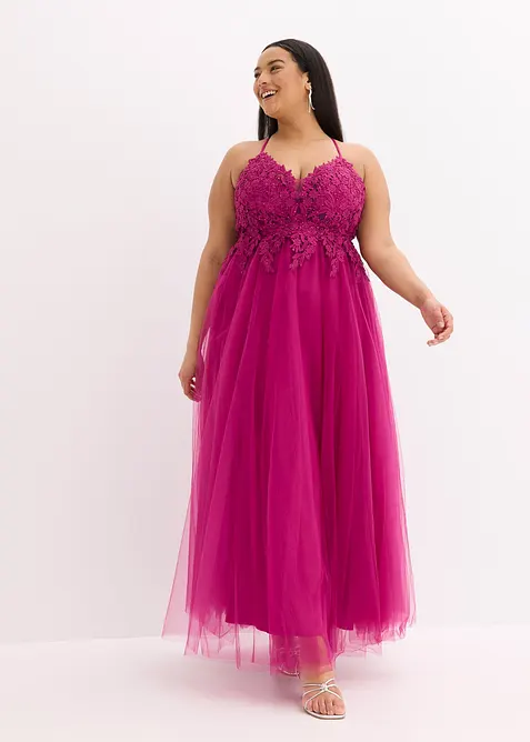 Abendkleid aus zartem Tüll mit Spitze in pink von vorne (Totalaufnahme) - bonprix